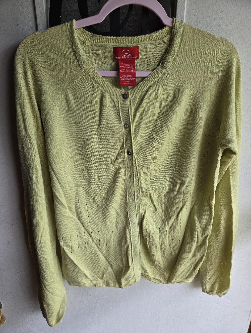 Oscar de la Renta Vintage Pistachio Green Silk & Cotton Blend Knit Cardigan
